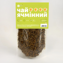 pouch of barley tea grains with a lime-green label reading 'чай ячмінний' in white, brand logo and barcode on the label. інтернет-магазин молочних і натуральних продуктів