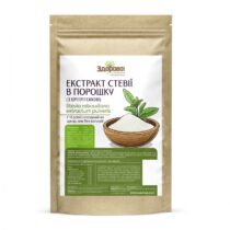 Brown stand-up kraft pouch with a white label showing Ukrainian text and a bowl of white powder with a green plant illustration; product is Stevia extract powder (natural).