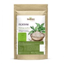 front view of a brown resealable pouch labeled plantago psyllium, with a drawing of the plant and powder in a bowl (health supplement packaging). інтернет-магазин молочних і натуральних продуктів