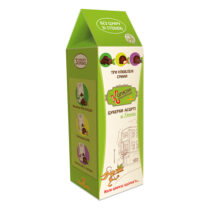 Bright green carton packaging for candy with Ukrainian text, featuring flavor panels on the side and a cityscape illustration on the front.