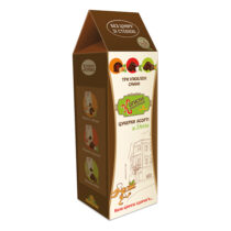 Tall 3D snack packaging box in brown/cream tones, showing three flavor icons at the top, Ukrainian product text, and an illustration of a building with a person running at the bottom.