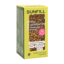 Sunfill boxed snack bar with a granola-like image on bright yellow packaging; vegan, natural ingredients, spinach and green buckwheat flavor, labeled Healthy and Tasty Superfood.