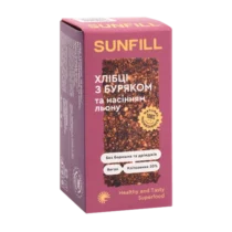 Sunfill purple bread box featuring a beetroot and flax seed loaf image, Ukrainian text, and the 'Healthy and Tasty Superfood' label.