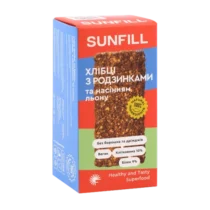 Box of Sunfill bread crisps with raisins and seeds on red/blue packaging; labeled 'Healthy and Tasty Superfood'.