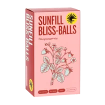 Pink Sunfill Bliss-Balls box with a strawberry plant illustration and a yellow sun logo on the front.