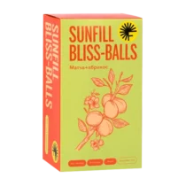 Sunfill Bliss-Balls package with yellow-green gradient, red text, and an apricot illustration; flavor: матчa+абрикос (matcha and apricot)