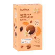 Sunfill orange cocoa cookies box with orange slices and nuts on peach packaging