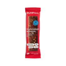 Red Sunfull packaging for a strawberry hazelnut bar; labeled sugar free, vegan, raw, 35 g, with visible nut pieces in the bar