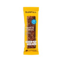 Sunfill Mango Coconut Bar in yellow wrapper with 'SUNFILL' and 'Mango Coconut' text visible (35 g), sugar‑free/vegan label.