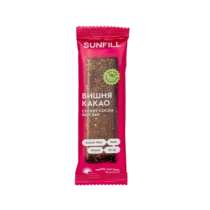 SunFill cherry-cocoa raw bar in pink packaging with a clear window showing the bar