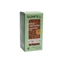 Sunfill boxed vegan bread with vegetables and seeds on mint-green packaging, showing a square loaf image on the front.