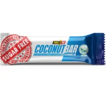 CoconutBar protein bar in a blue and white wrapper with a red sugar-free stamp