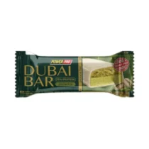 Packaged Dubai Bar Power Pro pistachio protein bar, sugar-free, green wrapper with an image of a cross-sectioned bar on the right.