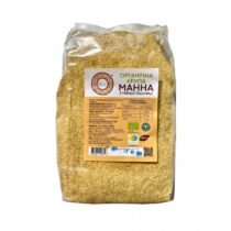 Bag of organic semolina made from hard wheat, in a clear plastic package with an orange label in Ukrainian.