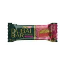 Dubai Bar protein bar with strawberry flavor, 25% protein, green and pink wrapper.