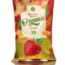 Front of a red snack bag with the word Organic and a large strawberry image in the foreground.