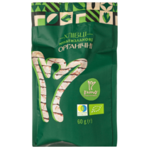 Green bag of organic multi-grain crispbread with Ukrainian text and logo; 60 g.
