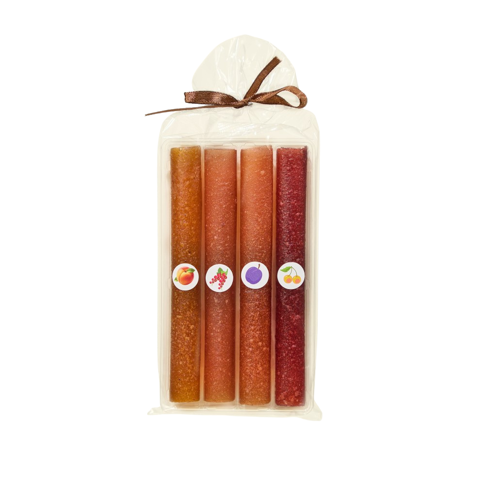 Дизайн без назви 2 - MotherFarm set of four fruit leather sticks in a clear gift pouch tied with a brown ribbon, labeled with peach, grape, plum, and cherry icons інтернет-магазин молочних і натуральних продуктів