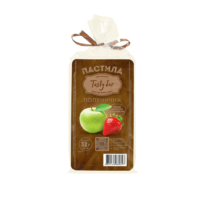 Bagged brown bread with a brown label that features a green apple and a strawberry, plus a barcode on the front label.