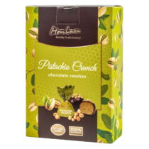 MonLasa Pistachio Crunch chocolate candies box with pistachio imagery and green-brown design.