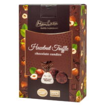 Box of Hazelnut Truffle chocolate candies with hazelnut illustrations on a brown packaging design.