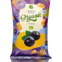 Front of a purple snack bag labeled Organic corn sticks with blueberries, showing three blueberries on a yellow plate.