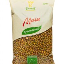 Packaged organic lentils in a beige bag with a green 'organic' label and red script, showing brown-green lentils inside the lower half.