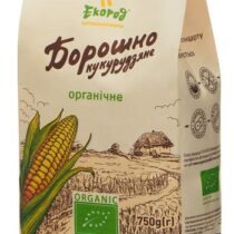 Organic corn flour package with corn illustration and organic certification label, Ukrainian brand, 750 g.