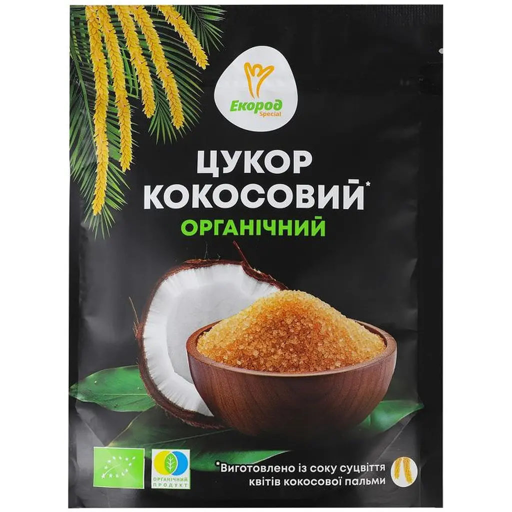 image_processing20250220-120-vs9rj0 - MotherFarm package of organic coconut sugar featuring a sliced coconut and a bowl of brown sugar on a black bag. інтернет-магазин молочних і натуральних продуктів