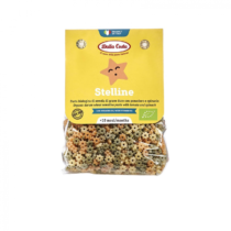 Yellow Dalla Costa Stelline pasta bag with a star-shaped noodle illustration and a transparent lower half showing multicolored star pasta pieces.