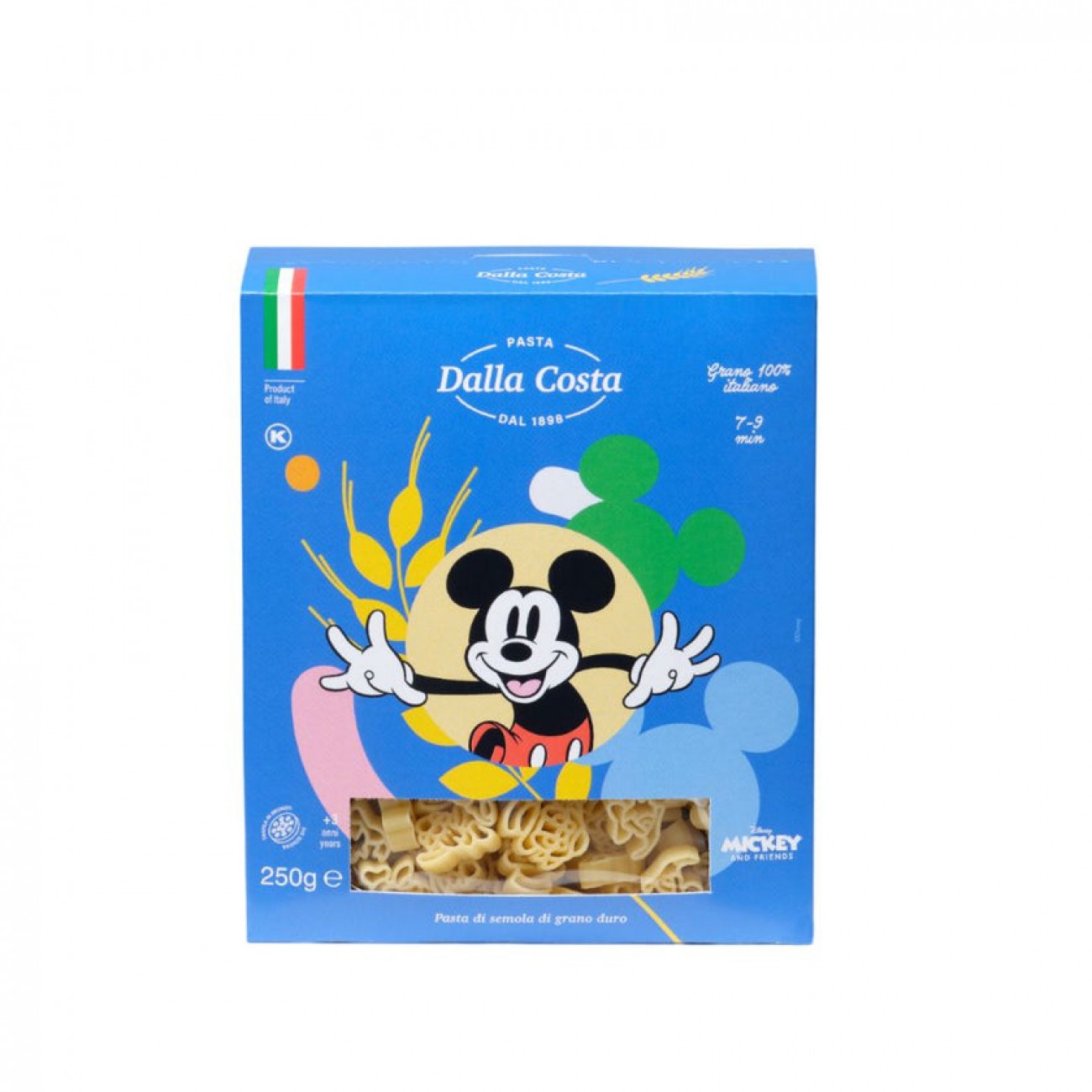 makarony-disney-mickey-dalla-costa250-h-1300x1300 - MotherFarm blue dalla costa pasta box featuring mickey mouse, with a window showing pasta shapes (250 g). інтернет-магазин молочних і натуральних продуктів