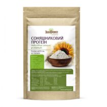 Kraft-paper pouch containing sunflower protein powder; label shows a sunflower and a bowl of powder (informational product image).