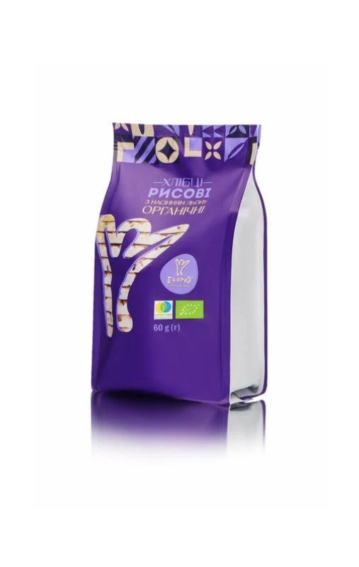 shopping - MotherFarm purple bag of organic rice standing upright on a white background, showing certification logos and 60 g label on the front. інтернет-магазин молочних і натуральних продуктів