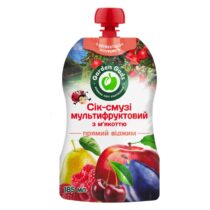 fruit juice pouch with pulp labeled in ukrainian, showing apples, raspberries, cherries and plums (185 ml). інтернет-магазин молочних і натуральних продуктів