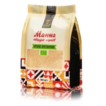 400 g bag of organic semolina flour with a rectangular transparent window showing the flour and a colorful geometric-pattern bottom edge.