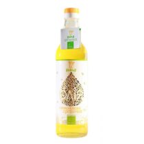 Bottle of organic sunflower oil with a yellow cap and white label featuring an orange-yellow droplet design and green organic certification emblem, on a white background.