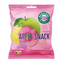 Pink snack bag labeled 'Apple Snack' with a green apple and pink bubblegum imagery, 40 g, flavor details in Cyrillic on the package
