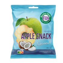 Blue bag packaging for Apple Snack Coconut, showing a green apple and coconut pieces on the front.