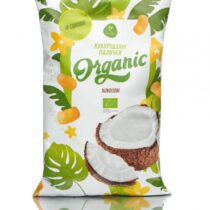 Package of Organic Coconut Chips with tropical leaves design, showing coconut halves and Ukrainian text indicating organic product.