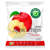 Bag of Garden Garden Apple Chips Original snack, featuring a red apple with a bite taken out and a green label, with the words 'Apple Chips' and 'Original' on the front.