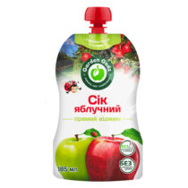 juice pouch with red apple and green apple graphics, labeled in ukrainian, garden gala brand, 185 ml інтернет-магазин молочних і натуральних продуктів