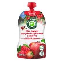 pouch of garden gadź apple–strawberry juice with pulp, 185 ml, red cap on top edge. інтернет-магазин молочних і натуральних продуктів