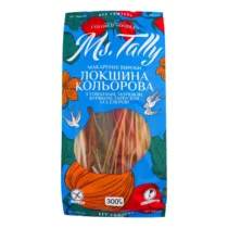Blue pasta package with a transparent window showing long noodles; Ukrainian text and colorful floral design on the wrapper (noodles visible)