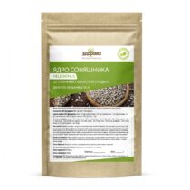 Kraft paper pouch packaging for sunflower kernels with green label and branding (Ukrainian text).