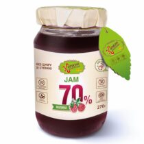 jar of raspberry jam with a 70% fruit content label and a green tag attached to the lid (no added sugar, stevia). інтернет-магазин молочних і натуральних продуктів