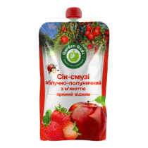 stand-up fruit-juice pouch with apples and strawberries, garden gaz logo, and a red cap on top. інтернет-магазин молочних і натуральних продуктів