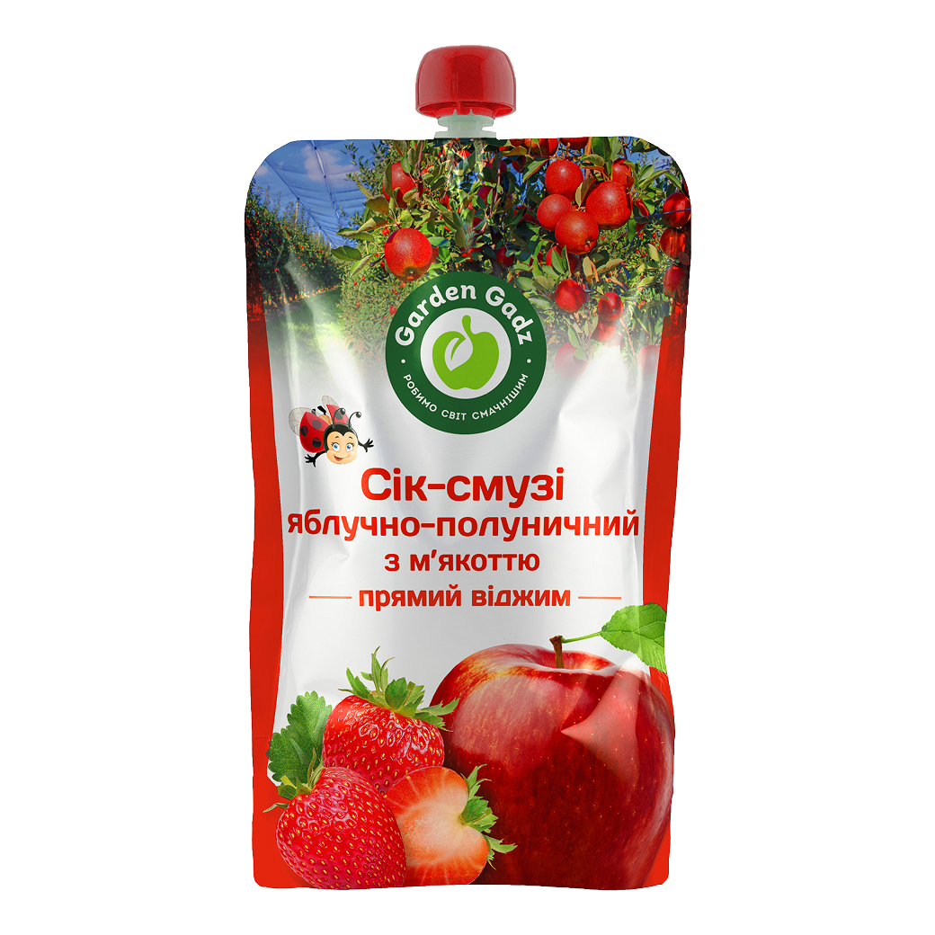 смузи ябл полуничний - MotherFarm stand-up fruit-juice pouch with apples and strawberries, garden gaz logo, and a red cap on top. інтернет-магазин молочних і натуральних продуктів
