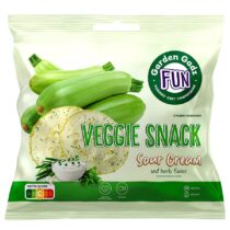 Veggie Snack bag by Garden Gaz FUN, sour cream and herb flavor, showing green zucchinis and a bowl of sour cream with herbs.