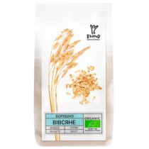 Organic oat flour bag featuring illustrated oat stalks and grains with an organic certification label, ready for cooking use.