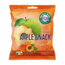Orange snack bag labeled 'Apple Snack' with a green apple and apricot imagery, apricot flavor shown (informational product image).","Product packaging for 'Apple Snack' apricot-flavored fruit snacks, featuring a green apple and apricot on the front.","Orange bag with 'APPLE SNACK' and 'Apricot' text, showing a green apple and apricot as the main visuals (informative product image).","Snack bag featuring apples and apricots with a circular 'Garden Gaz FUN' logo and bold 'APPLE SNACK' text (informational).